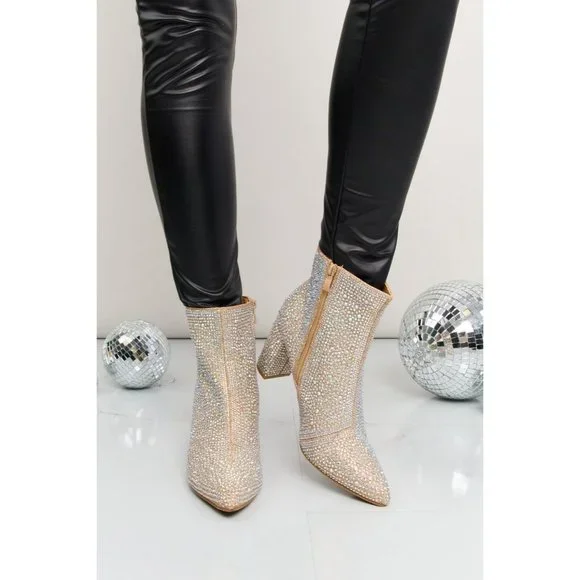 Rhinestone Pointed Toe Booties in Champagne - Picture 2 of 10
